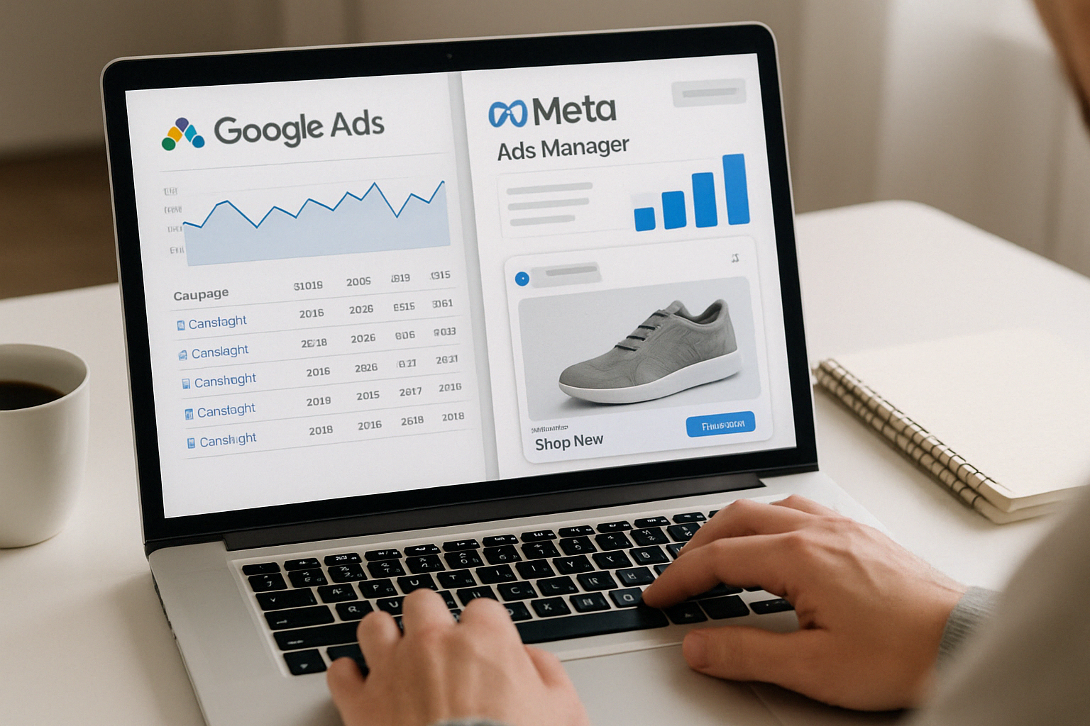 パソコンの画面でGoogle広告とMeta広告を管理している様子